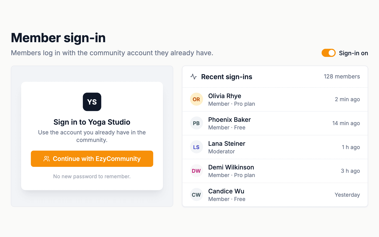 Member sign-in screen and recent sign-ins
