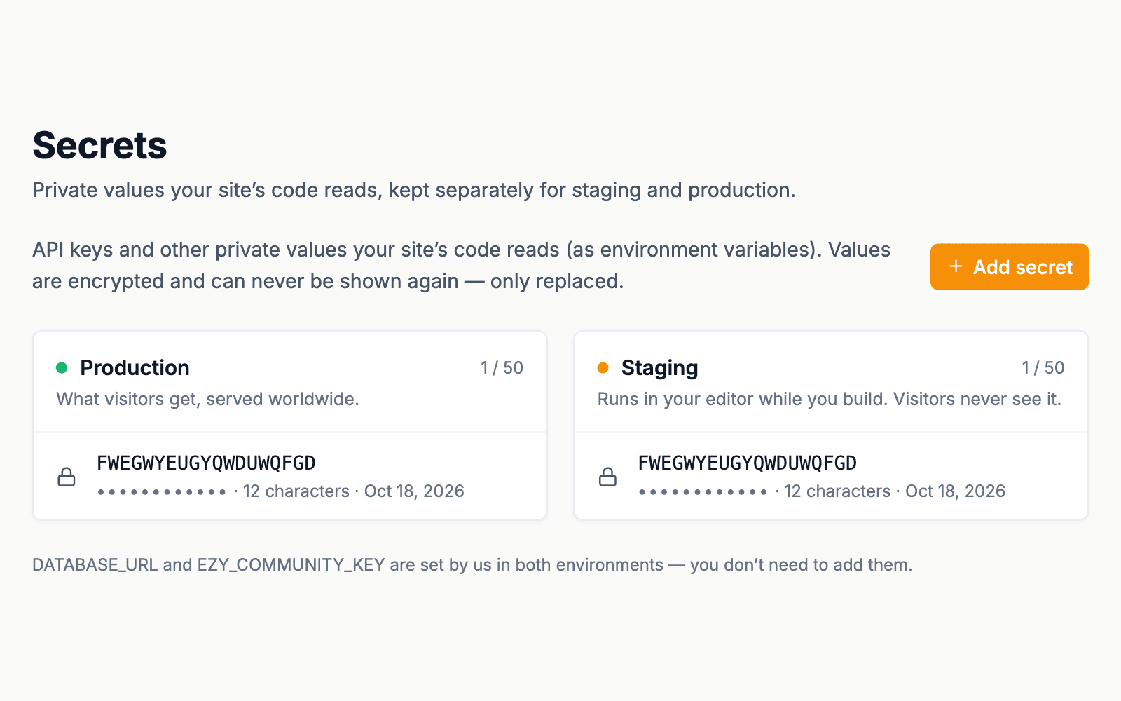 Secrets with separate production and staging values