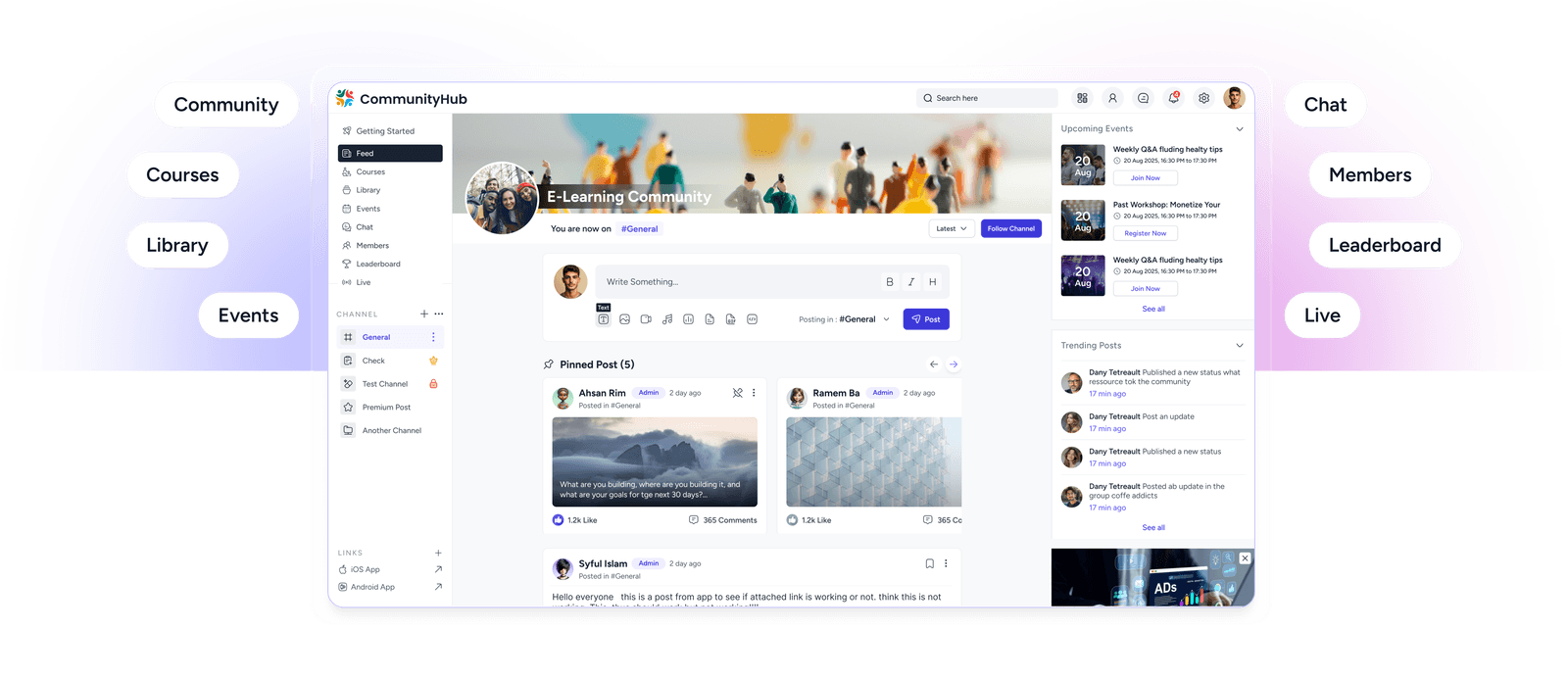 EzyCommunity feed, chat, events, and leaderboard in one branded app