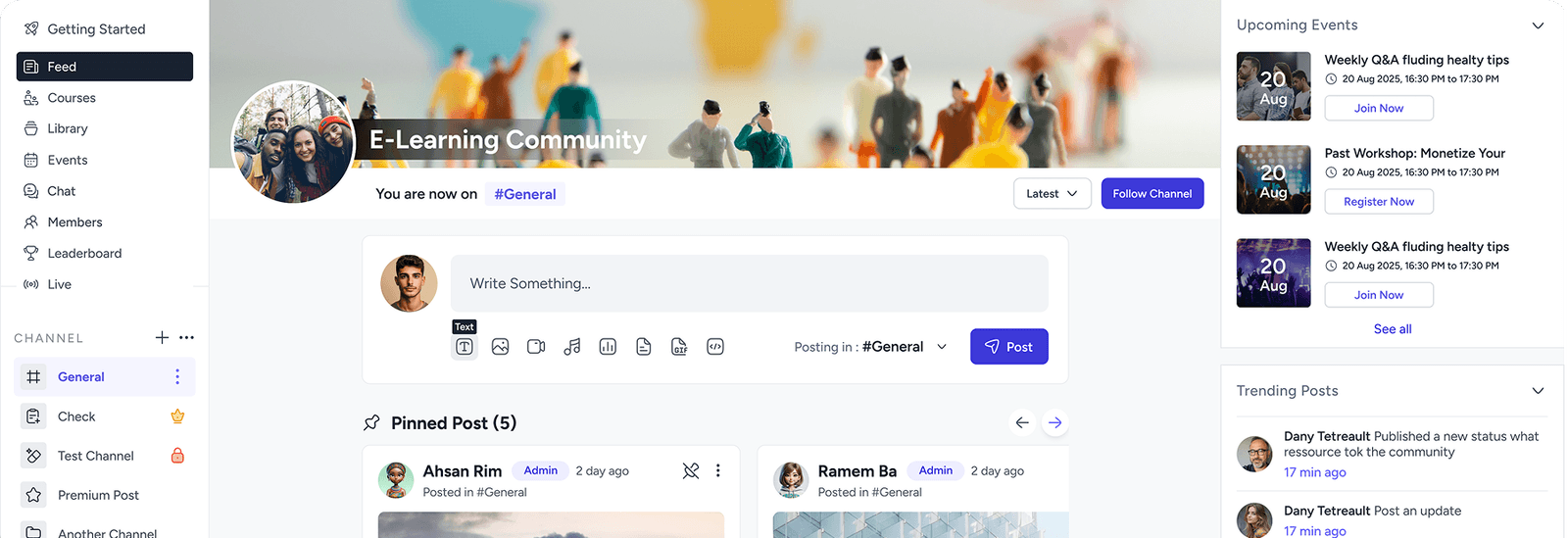 EzyCommunity dashboard feed with channels, posts, and upcoming events