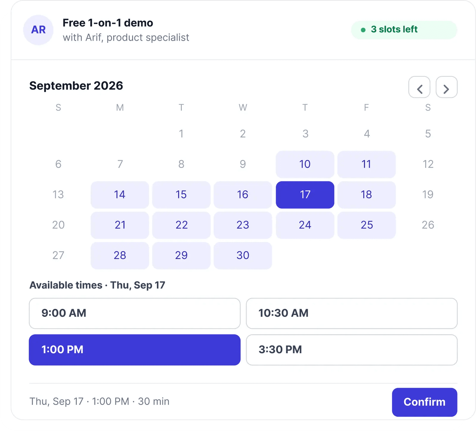 Booking calendar for a free 1-on-1 demo call