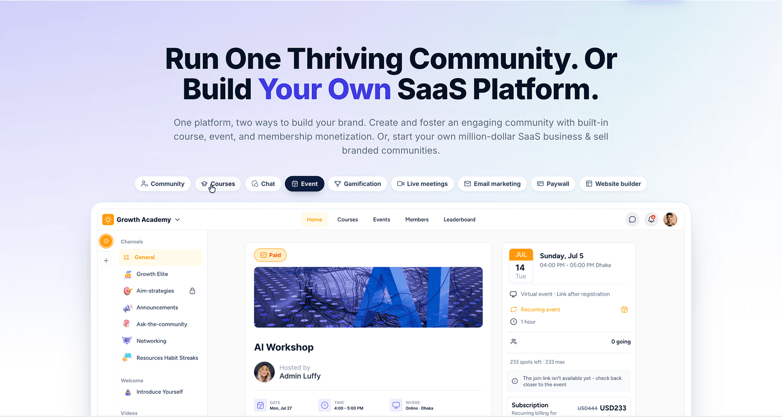 EzyCommunity product tour: community feed, courses, chat and events
