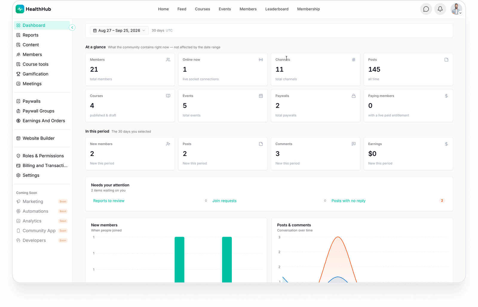 EzyCommunity owner dashboard with members, courses, posts and earnings stats