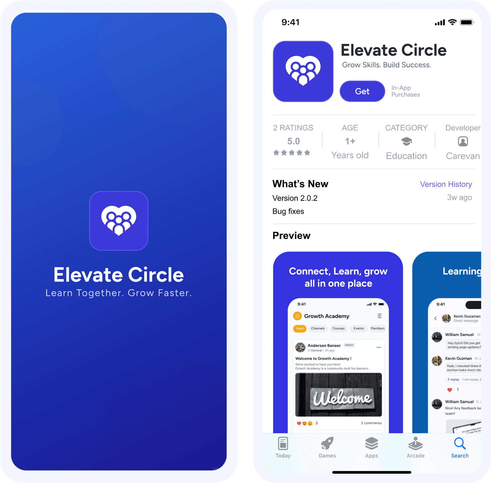 Branded app splash screen and App Store listing for Elevate Circle