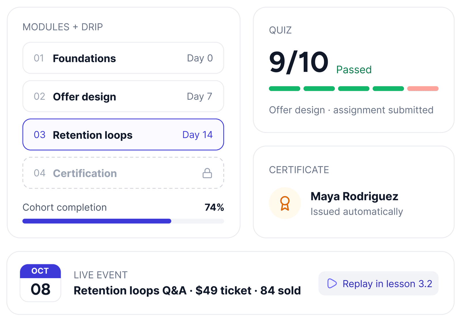 Course modules with drip days, a passed quiz, an auto-issued certificate and a ticketed live event